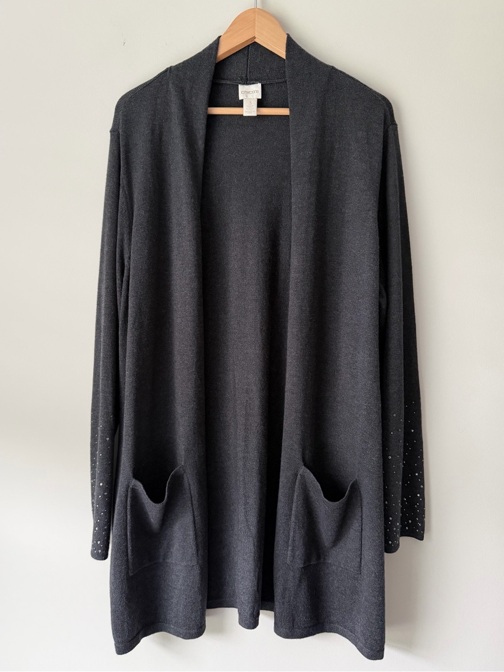 Chico's Rhinestone Sleeve Open Front Cardigan Gray Sz 3 XL Duster Pockets